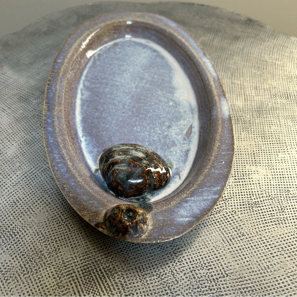 Studio Pottery ~ Decorative Handmade Oval Pottery Tray with Shell and Barnacle